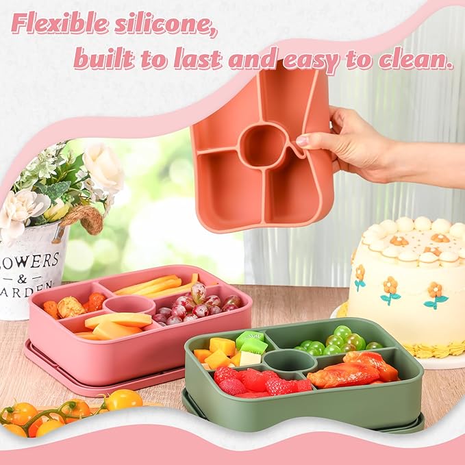 4 Pack Silicone Bento Boxes for Adults, 5 Compartment Reusable Lunch Containers with Sauce Section, Leakproof Meal Prep Snack Box Microwave & Dishwasher Safe for Work School Office(Dark Color)