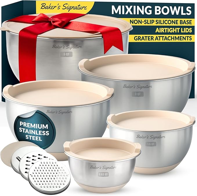 Baker's Signature Stainless Steel Mixing Bowls with Lids Set, 5 Sizes, 3 Graters, Non-Slip Base, Airtight Lids, Metal Mixing Bowls for Kitchen, Food Prep, Storage, 0.63QT-5QT, Khaki