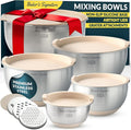 Baker's Signature Stainless Steel Mixing Bowls with Lids Set, 5 Sizes, 3 Graters, Non-Slip Base, Airtight Lids, Metal Mixing Bowls for Kitchen, Food Prep, Storage, 0.63QT-5QT, Khaki