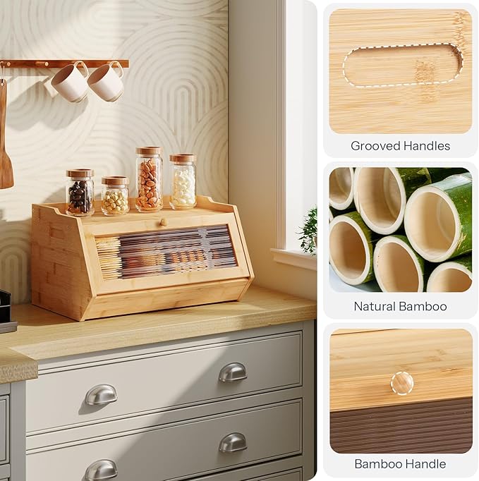 HOOBRO Large Bread Box, Bamboo Bread Box for Kitchen Countertop, Farmhouse Bread Storage Box with Acrylic Window, Bread Holder with Drop-Down Door, for Food Storage, Natural YL30MB01