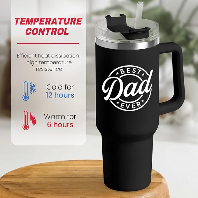 SANDJEST Best Dad Ever Tumbler with Handle - 40oz Stainless Steel Insulated - Dad Gifts for Daughter & Son - Coffee Tumbler for Father's Day, Birthday, Christmas - Cup Gift Set with Lid & Straw