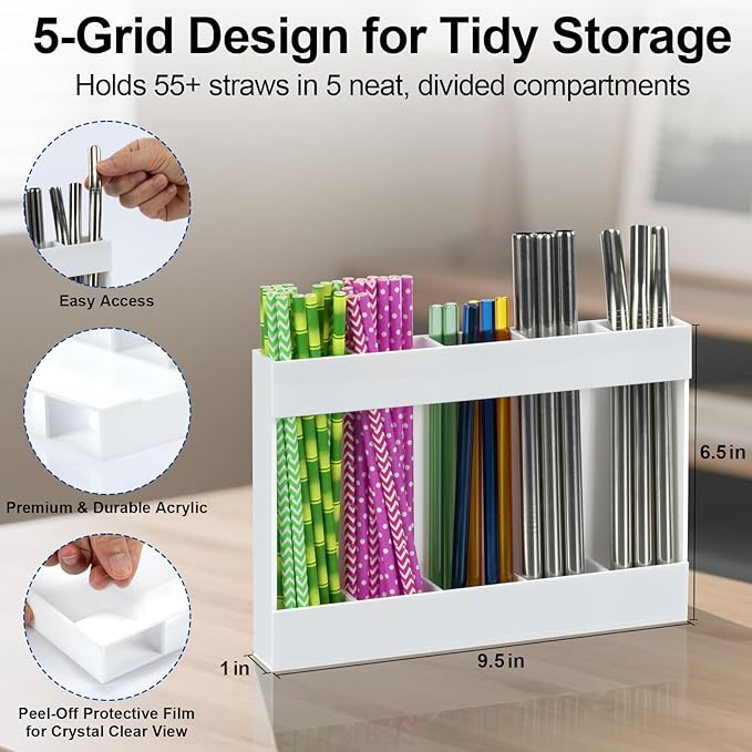 Upgraded Acrylic Straw Holder for Cabinet Door, Fridge & Countertop–Magnetic/Adhesive Dual Mount, Strong Hold, Space-Saving Straw Organizer with Adhesive Tape, Magnetic Sheet