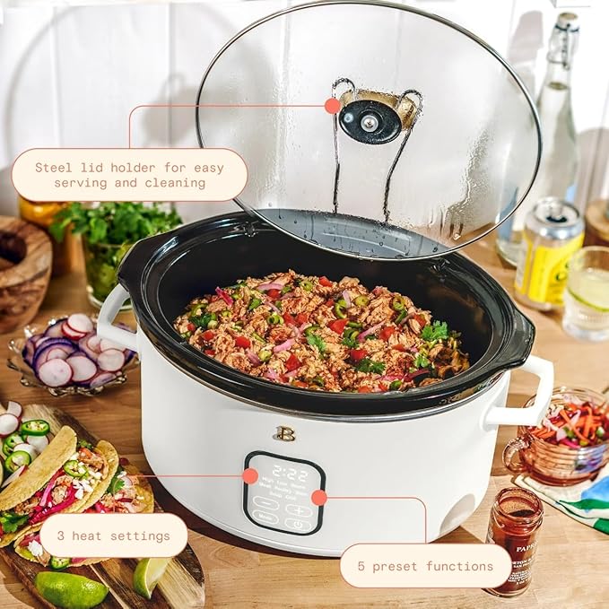 Beautiful 6 Qt Programmable Slow Cooker with Touch Control, Digital Timer and Keep Warm Function – Large Electric pot Capacity Kitchen Appliance by Drew-Barrymore (White Icing)