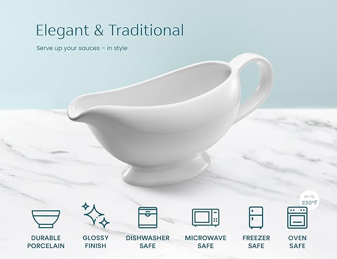 Kook Ceramic Gravy Boat, Serving Dispenser, Porcelain Pitcher for Sauces, Dressings and Creamer, Large Handle, Microwave and Dishwasher Safe, 21 oz, White