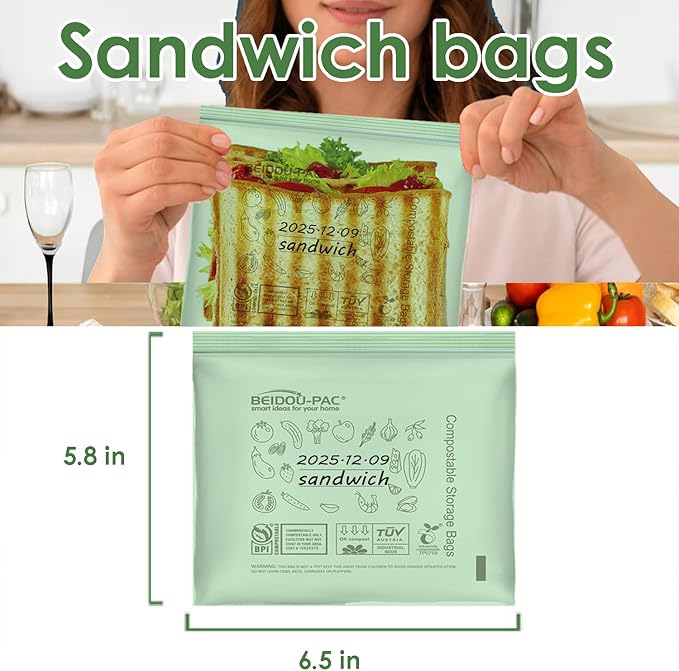 Compostable Sandwich Food Storage Freezer Bags, 80 Count | 2 Mil | 6.5 IN x 5.8 IN, Freshness Easy Open Reclosable Compost zip Bags