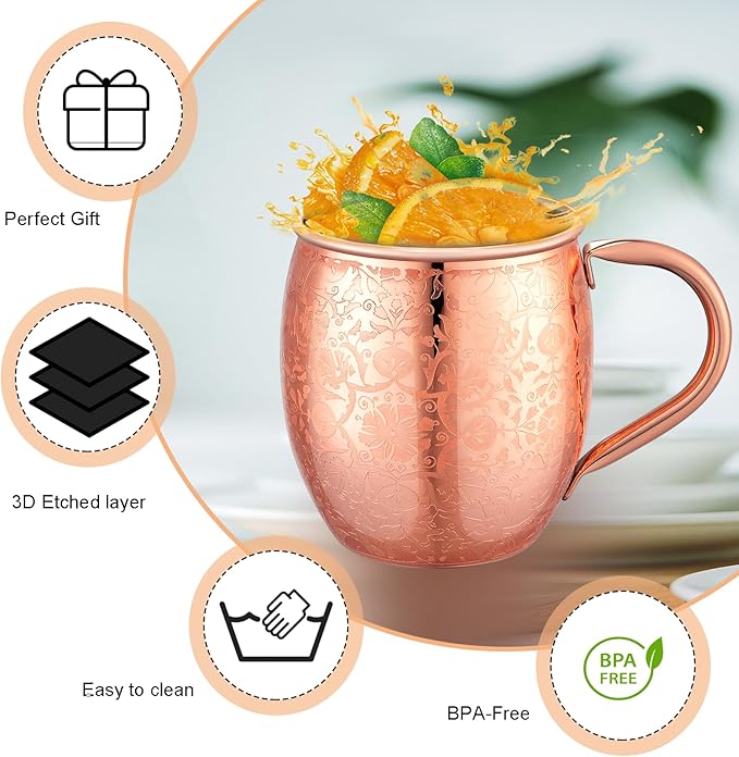 Moscow Mule Mugs - 18 Oz Copper-Plated Fine Craftsmanship Etched Mugs,304 Stainless Steel-Lined Mule Cups,For Cold Drinks, Beer, Wine, Bars, Parties