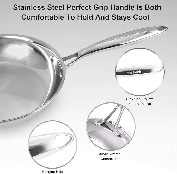 Stainless Steel Frying Pan Set 2 Piece, 8,10 Inch Tri-Ply Frying Pans Non Stick, Pots and Pans Set, Oven 500F & Dishwasher Safe, Classic Cooking Pan Cookware