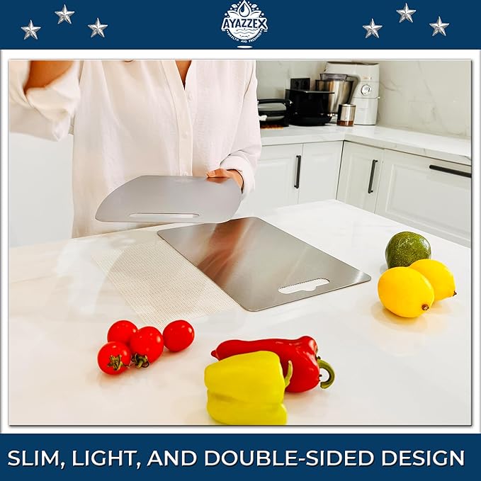 Stainless Steel Cutting Board Set 2 Pcs – Premium SUS 304 Double-Sided Cutting Boards for Kitchen, Meat, Vegetables – Includes Sponge, Adhesive Hook & Silicone Pad – Dishwasher Safe - Large & Medium