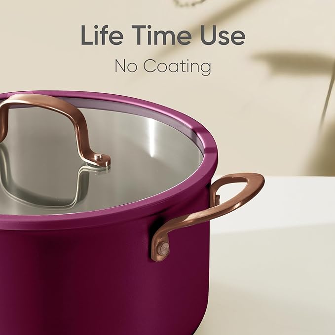 CAROTE 8QT Fully-Clad 3-Ply Stainless Steel Stockpot with Lid Small Kitchen Pot,Outer Ceramic Layer,Even Heating, Fits all stoves,Oven & Dishwasher Safe,Stay Cool Handle,Purple (PFAS/PFOA/PFOS Free)