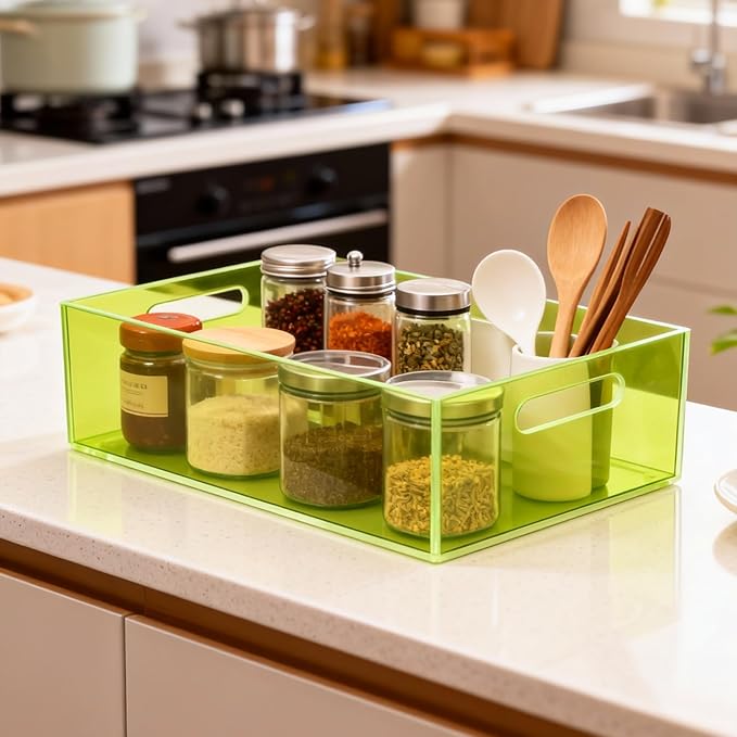 Large Storage Bin Acrylic Pantry Storage Container with Handles Kitchen Organizer Bin for Cabinet Cupboard Organization, Heavy Duty, 15.4 x 11.4 x 5.5'', Neon Green
