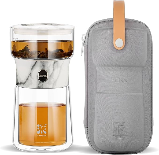 ZENS Modern Small Glass Infuser Teapot, Magic One Touch Drip Tea Pot Infusers for Loose Tea Diffuser, Cool Herbal Teapot with 200ml insulated Cup and Portable Gray Tea Kits for Tea Lovers Gifts