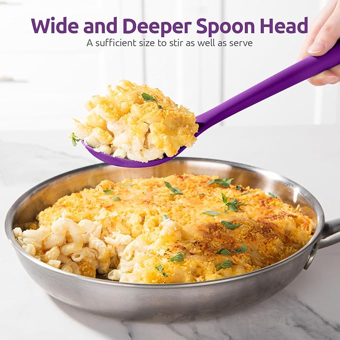 600ºF Heat Resistant Silicone Spoons: U-Taste 13.3in Solid & Slotted Kitchen Cooking Spoon, Nonstick Food Grade Long Rubber Utensil, Sturdy for Mixing, Serving, Frying, Draining (Purple, 2PCS)