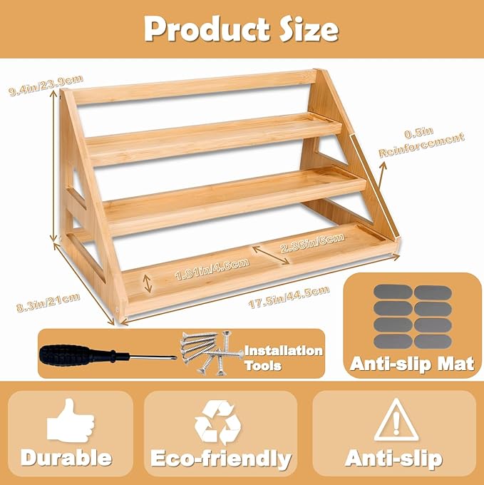 Bamboo Spice Rack: Large Spice Shelf for Kitchen Countertop Pantry Cabinet Organizer, Holds 24 Spice Jars (1.8")