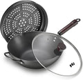 FGJ Wok, 13 Inch carbon steel wok pan with steamer & stir-fry pans nonstick, Pre-Seasoned 5.8QT Flat Bottom Chinese Woks Paella Pan with lid, Carbon Steel Cookware, Compatible with All Cooktops