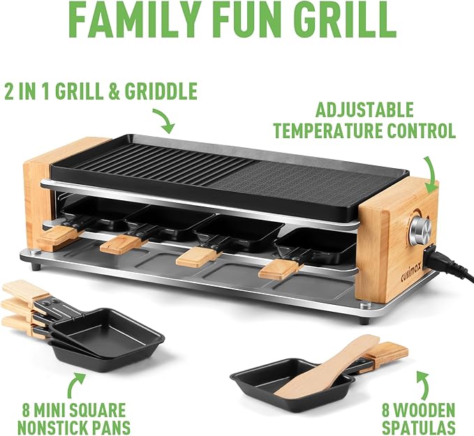 CUSIMAX Electric Grill Raclette Table Grill, 2 in 1 Indoor Grill with Non-Stick Grill & Griddle Plate, Raclette Grill with Wooden frame, 8 Cheese Pans & Wooden Spatulas, Three-Layer Korean BBQ Grill