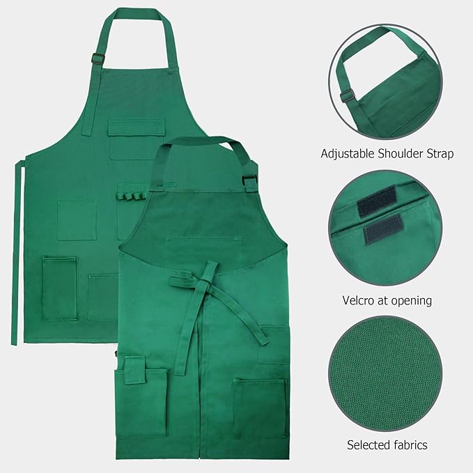 boshiho Painting Aprons, Adjustable Buckle, Barber Apron with Pockets for Women/Men/Unisex, Utility or Work Apron (Green)