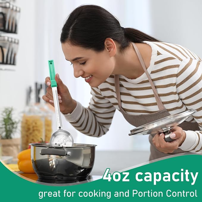 2 Pcs Portion Control Serving Spoons, Restaurant Measuring Serving Ladle Utensils, Portion Spoons for Weight Loss, Kitchen(Green,4 oz,Slotted)