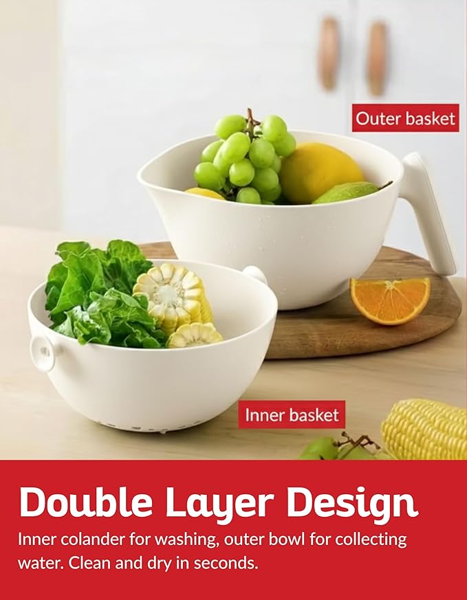Multi Functional Draining Basket – Double Layer Colander & Bowl for Pasta, Fruits & Vegetables – Durable BPA-Free, Dishwasher Safe (Milky White).