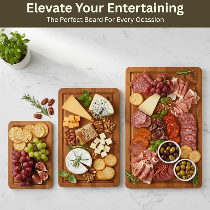 Bamboo Cutting Board for Kitchen, set of 3, Wooden Chopping Board Set with Deep Juice Grooves & Built-In Handles, Knife-Safe Wooden Chopping Boards for Meats, Veggies & Fruits