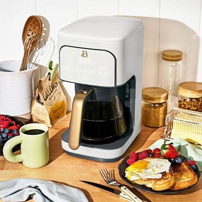 Beautiful 12-Cup Programmable Coffee Maker by Drew Barrymore, Touch-Activated Display, Auto Brew 24hr Timer, Regular/Gourmet/Bold Strength Options, Auto Clean & Keep Warm – Matte Finish (White Icing)