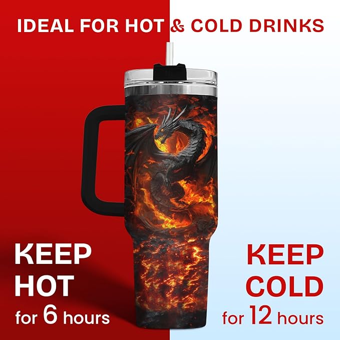 34HD Dragon Coffee Tumbler with Handle & Straw, 40oz Do Not Poke The Dragon Mug, Gifts for Fathers Day Birthday Christmas, Unique Gifts for Dad Brother Friend Uncle Boyfriend Boy