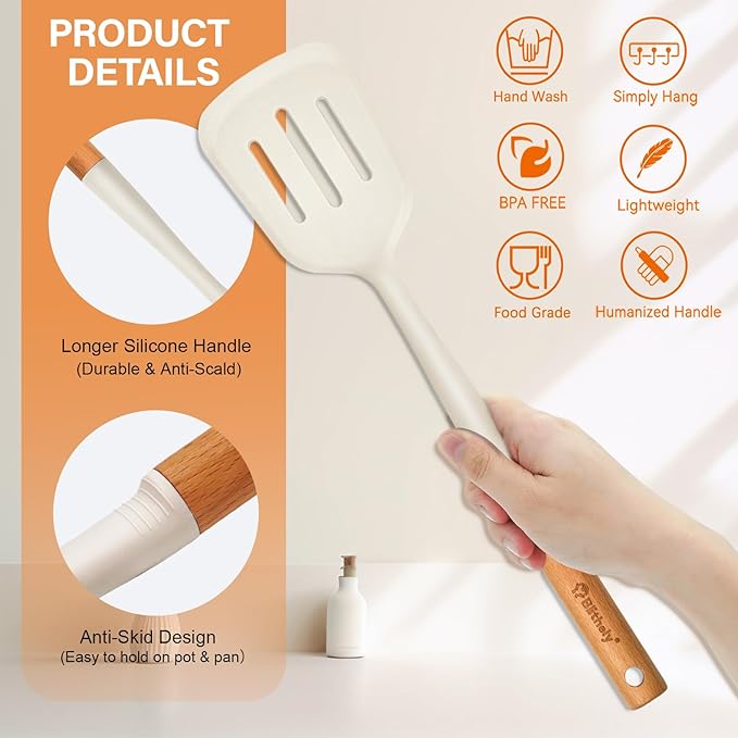 Large Silicone Kitchen Utensils Set, 4 PCS Cooking Utensils Set with Wooden Handle, Heat Resistant Silicone Utensils Kit for Cooking, BPA Free and Nonstick Spatula Set with Turner Spoon Ladle(White)