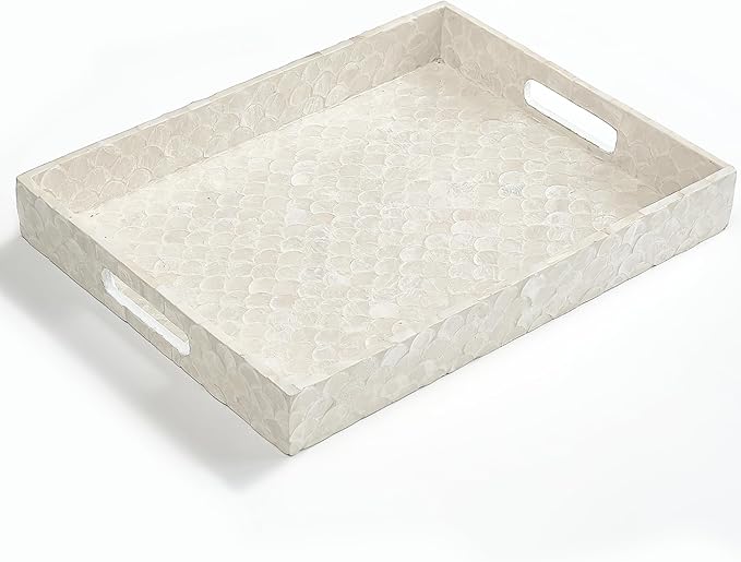 Rectangular Tray, Handmade Capiz Mother of Pearl Decorative Tray with Handles for Coffee Tables, Ottoman, Bathroom, Vanity or Kitchen, Coastal Boho Home Decor, White, 15.8” x 11.8” x 1.8"