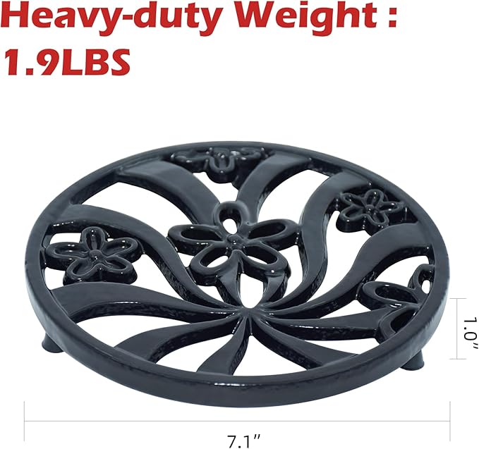 Vintage Cast Iron Trivet, Heat-Resistant Metal Trivet for Hot Dishes Pots Pans with Daffodil Pattern for Tabletop Protection, Black