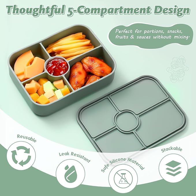 4 Pack Silicone Bento Boxes for Adults, 5 Compartment Reusable Lunch Containers with Sauce Section, Leakproof Meal Prep Snack Box Microwave & Dishwasher Safe for Work School Office(Green)