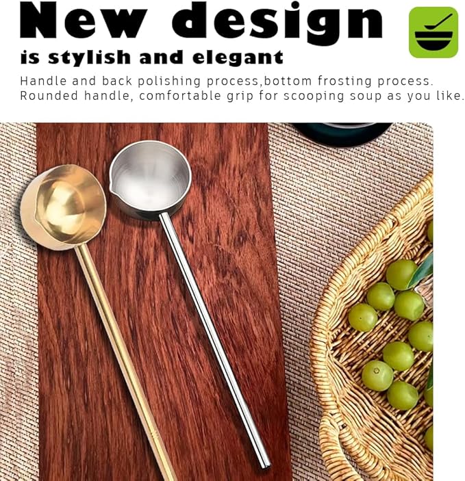 2 PCS Small Soup Ladle SUS304 Stainless Steel Metal Deep Spoon With Pour Spout for Serving Soups, Gravy and More（Gold + Silver）