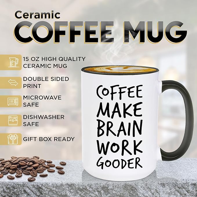 Veracco Coffee Make Brain Work Gooder Mug Funny Coffee Lover Gift Humorous Idea Family Friends Birthday Presents Sarcastic Office Tea Cup Caffeine Addict Brain Booster Gooder Vibes