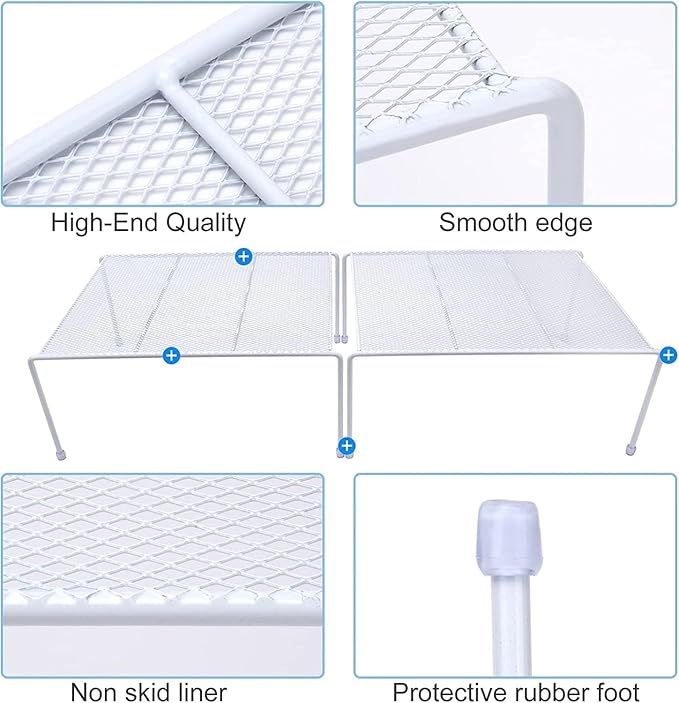 Set of 6 Mesh Kitchen Shelves Cabinet Storage Shelf Rack (13.1 x 10.2 Inch) ，Kitchen Bathroom Pantry Cupboard Desk Home Office, Fridge, Cabinet, Bathroom Cupboard, Non-slip Plastic Feet (6, White)