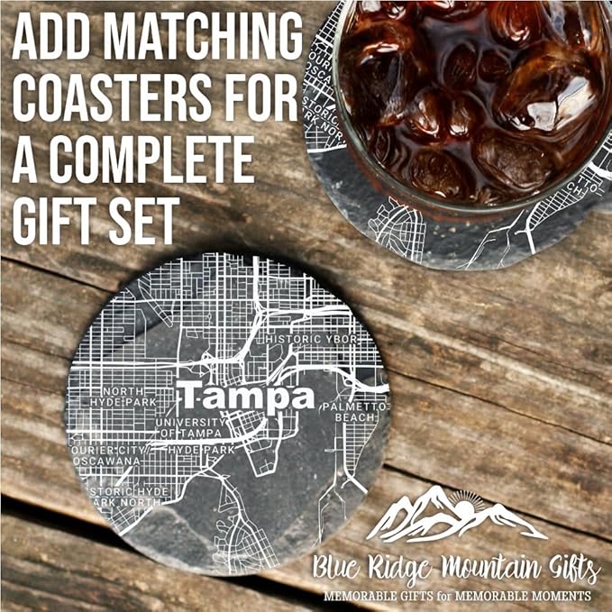 Blue Ridge Mountain Gifts - Tampa Souvenir - Florida Glassware Gift, Etched City Map, Laser Engraved and Dishwasher Safe