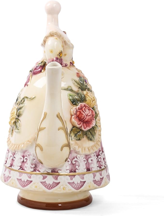 Large Ceramic Teapot and Coffee Pot with Lid, 3D Embossed Victoria Pink Rose Flowers Decorative Teapot(Red）