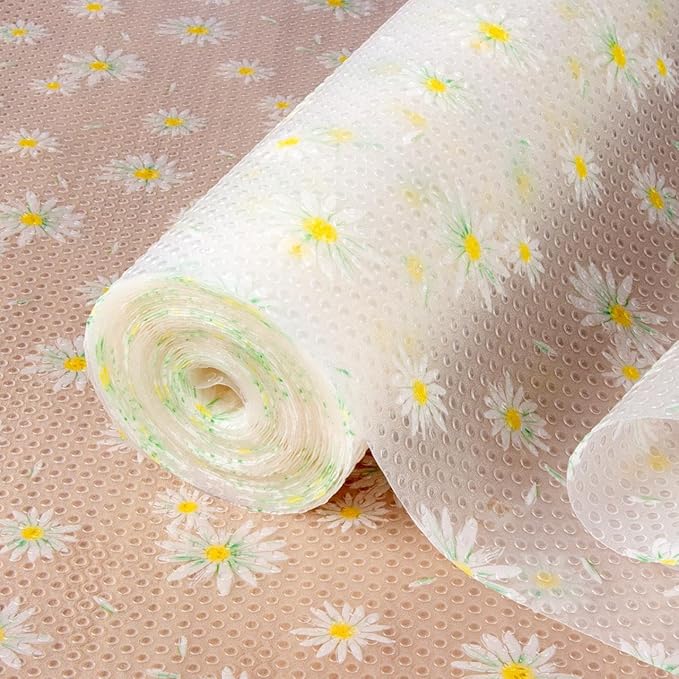 FEXIA Shelf Liner 12 Inch x 20 FT Daisy Non Slip Waterproof Cabinet and Drawer Liner for Kitchen Cabinet Refrigerator Pantry Closet Durable Non Adhesive