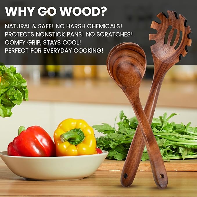 Wooden Spoons for Cooking,Pasta Fork and Ladle Spoon Set - 2Pcs Natural Teak Wood Non-Stick Kitchen Utensils for Cooking, Serving Pasta, Soup, Sauce