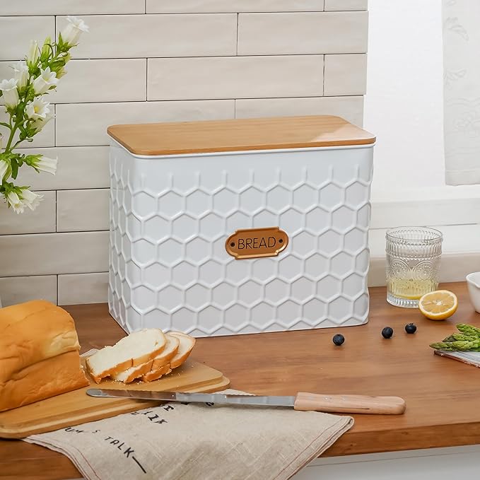 Extra Large Bread Box for Kitchen Countertop Corner Breadbox for Homemade Bread Metal White Honeycomb Pattern Embossed Bread Storage Container Bin with Bamboo Lid Fits 2 Loaves of Bread