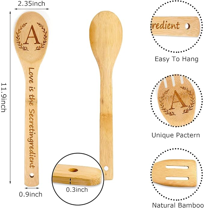 5PCS Initial Wooden Cooking Spoons Initial Gifts Kitchen Decor Personalized Customized Monogrammed Birthday Gifts for Women Mother,New Mom,Teacher,Wife,Daughter,Sister,Housewarming Wedding (Letter A)