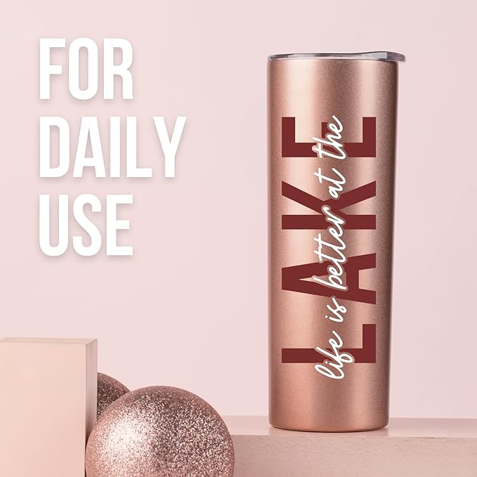 Onebttl Lake House Gifts for Women, 20oz Stainless Steel Insulated Tumbler, Housewarming Gifts for Lake Lovers - Rose Gold, Life is Better at the Lake 02