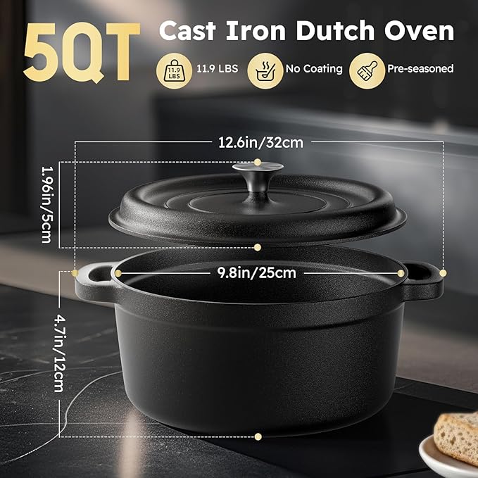 5QT Cast Iron Dutch Oven for Bread Baking, Proofing Basket Sourdough Starter Kit, Bread Making Pan Pot with Lid, Sour Dough Tools Set Includes Lame Supplies, Gifts for Baker
