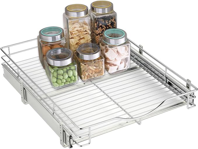 DINDON Pull Out Cabinet Organizer, (14" W x 21" D) Heavy-Duty Metal Sliding Drawer Shelf, Bathroom Under Sink Kitchen Cabinets Organizer and Storage Slide Out Shelves, Chrome, 1 Tier, 2 Pack