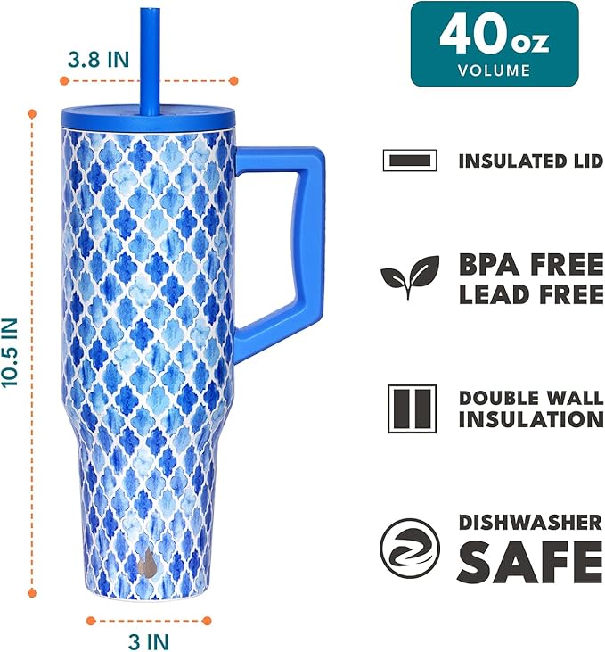 Elemental 40 oz Tumbler with Handle and Straw - Spill Proof Insulated Stainless Steel Commuter for Hot and Cold Beverages - Travel Coffee Mug with 2 Straws & Spill Proof Lid - 40oz - Blue Tile