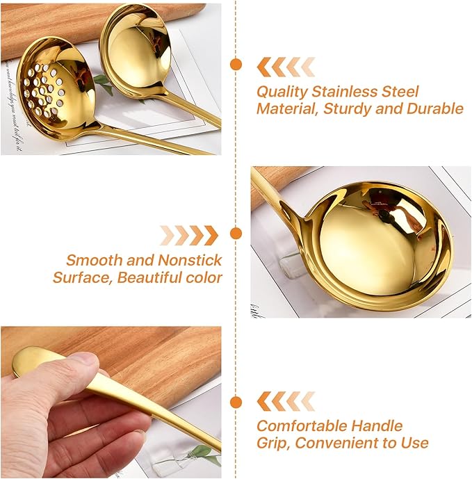 7.9 Inch Gold Small Ladle, 2 Pcs Gold Slotted Spoon Soup Ladle Set, Stainless Steel Small Ladles for Serving Sauce, Soup, Vegetables, Gold Metal Soup Ladle for Buffet, Party, Kitchen