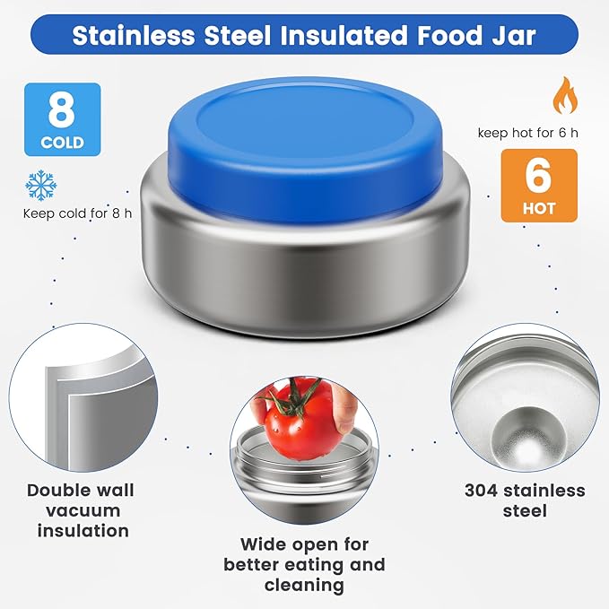 Stainless Steel Bento Box Kids Adult with 7oz Soup Thermo, Transparent Lid 3 Compartments Metal Bento Lunch Box with Insulated Food Jar,Lunch Box Container Sauce Cup for School,BPA-Free(Blue)