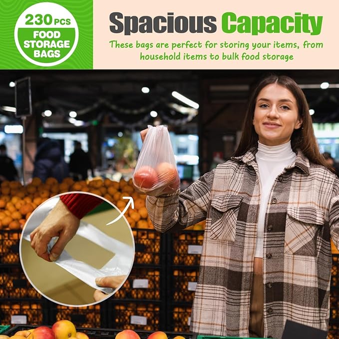 Teivio 230 Count 12" x 16" Plastic Produce Bags with Handle, Clear Kitchen Food Disposable Plastic Storage Bags/A Roll for Fruit Vegetable Bread