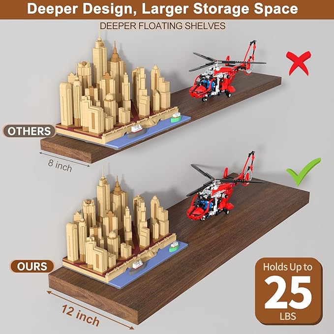 12 Inch Deep Floating Shelves for Wall 3 Pack Floating Shelfs Large Storage Space Wall Decor Display Shelf for Bathroom Living Room Bedroom Kitchen 30" W x 12" D x 1.2" H Walnut