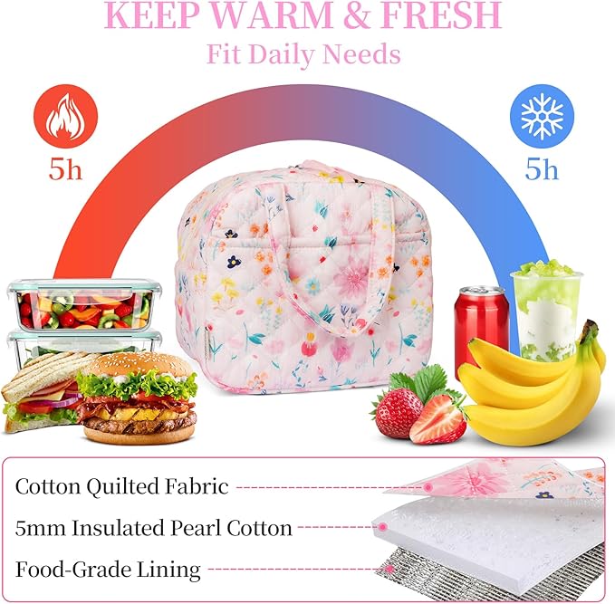 Quilted Lunch Box for Women,Lunch Box for Teen Girls,Cute Colorful Floral Lunch Bags for Work, School,Office,Picnic,Travel (Watercolor floral)