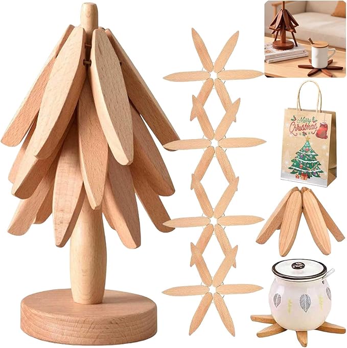 Natural Tree Trivet Set 4 Wooden Trivets and 1 Stand Like a Christmas Tree Wooden Hot Pads Heat Resistant Trivets for Kitchen Table Decor (Log-4 Piece)