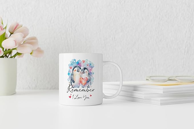 QASHWEY Remember I Love You Coffee Mug, Wedding Gifts Engagement Gifts for Couples Boyfriend Gift Girlfriend Gift Coffee Cups Ceramic 11oz, Cute Penguin Love Tea Cup