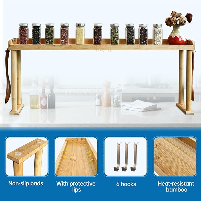 Over The Stove Top Shelf for Kitchen Bamboo Spice Rack Organizer for Back of Stove with Protective Lips & 6 Hooks,Easy Installation 33.5 * 4.5 * 13.4”